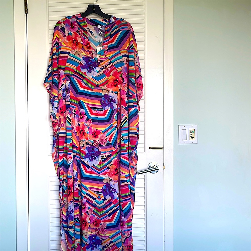 JOHNNY WAS Summer Stripes Floral Summer Kaftan Kimono Maxi Dress size S/M NEW